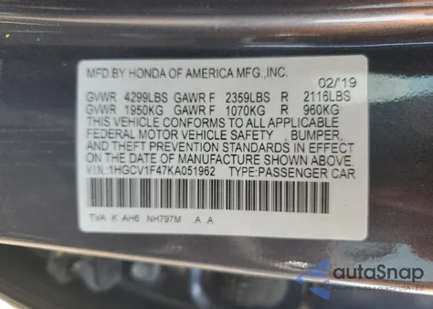 2019 Honda Accord Ex from USA, damaged, VIN 1HGCV1F47KA051962